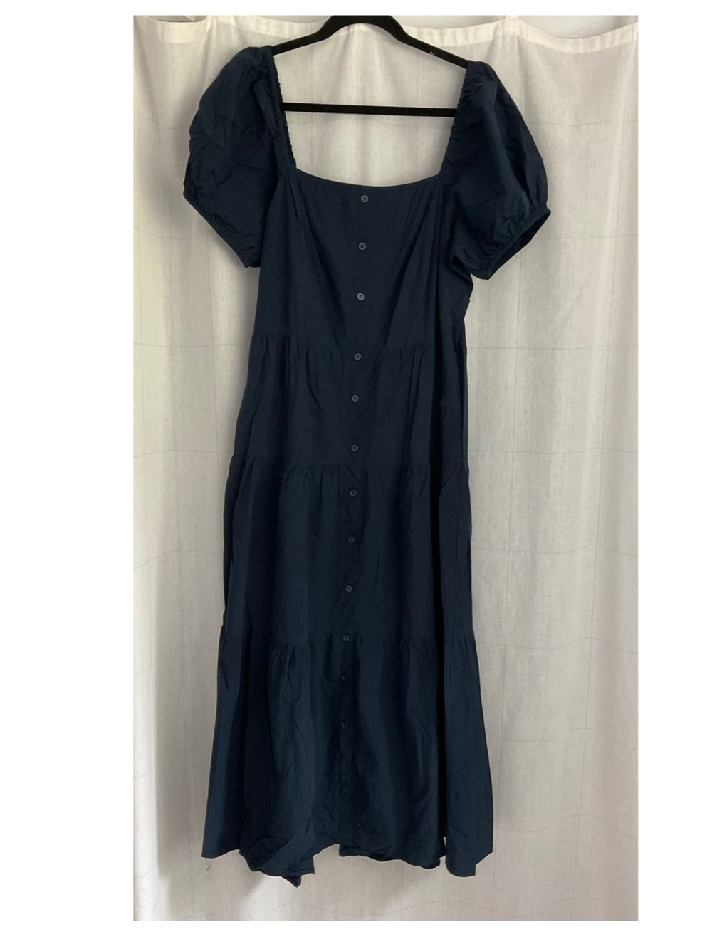 💕  Navy Puff Sleeve Button-Front Midi Dress